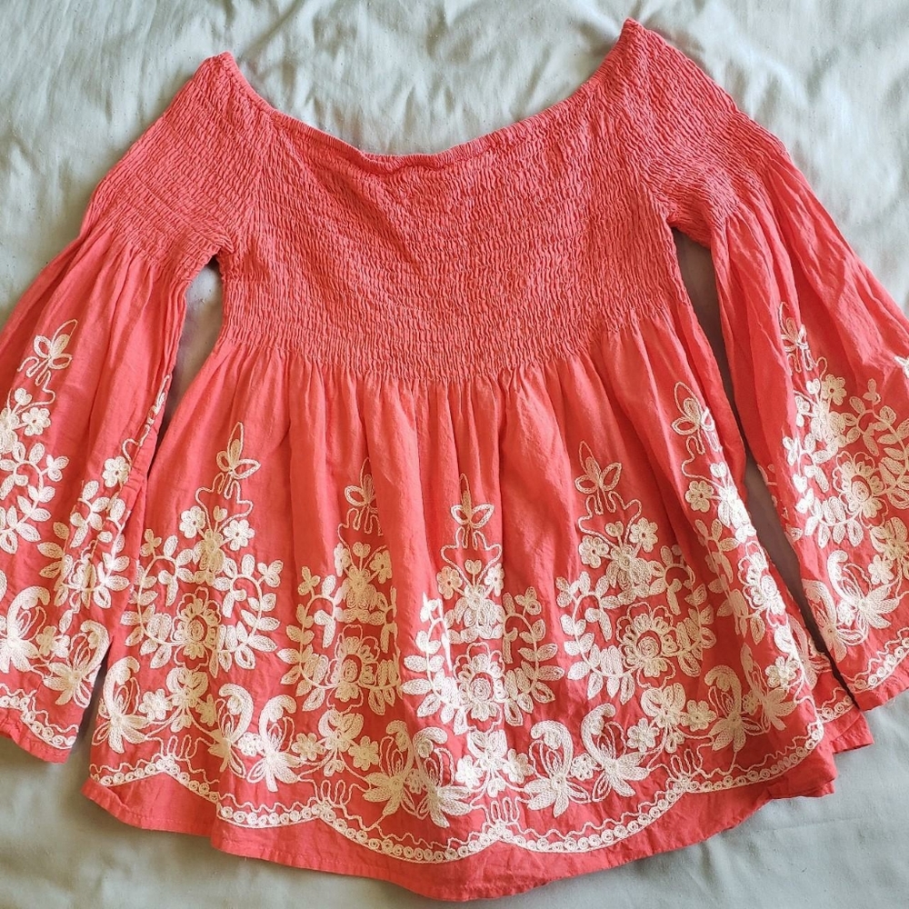 Flying Tomato Embroidered Off the Shoulder Boho Top in Coral with Bell Sleeve M